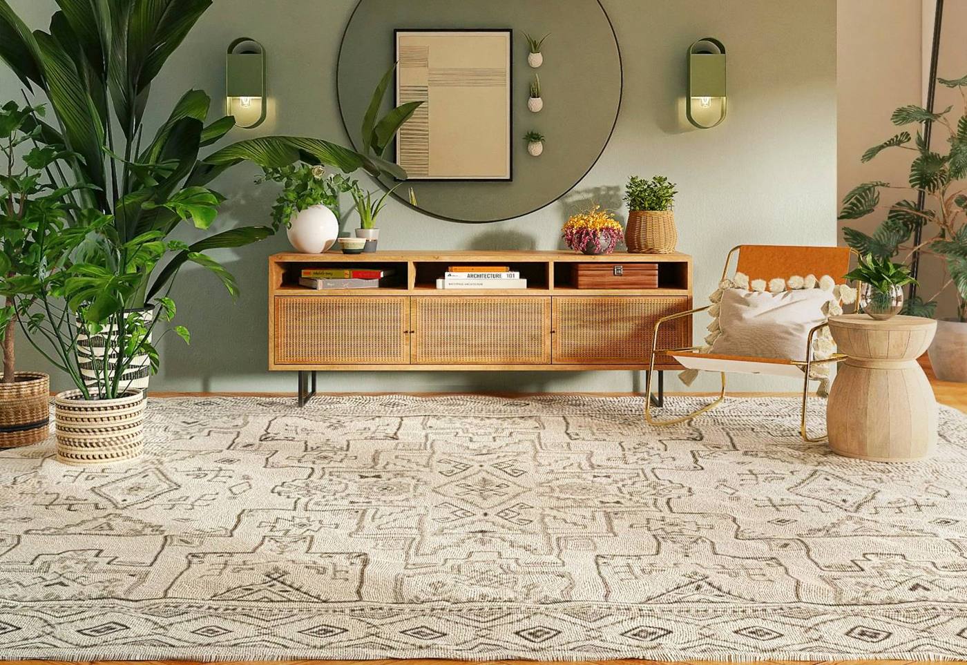 Salle d'attente lumineuse aux tons beige, sauge et bois (photo d'illustration)